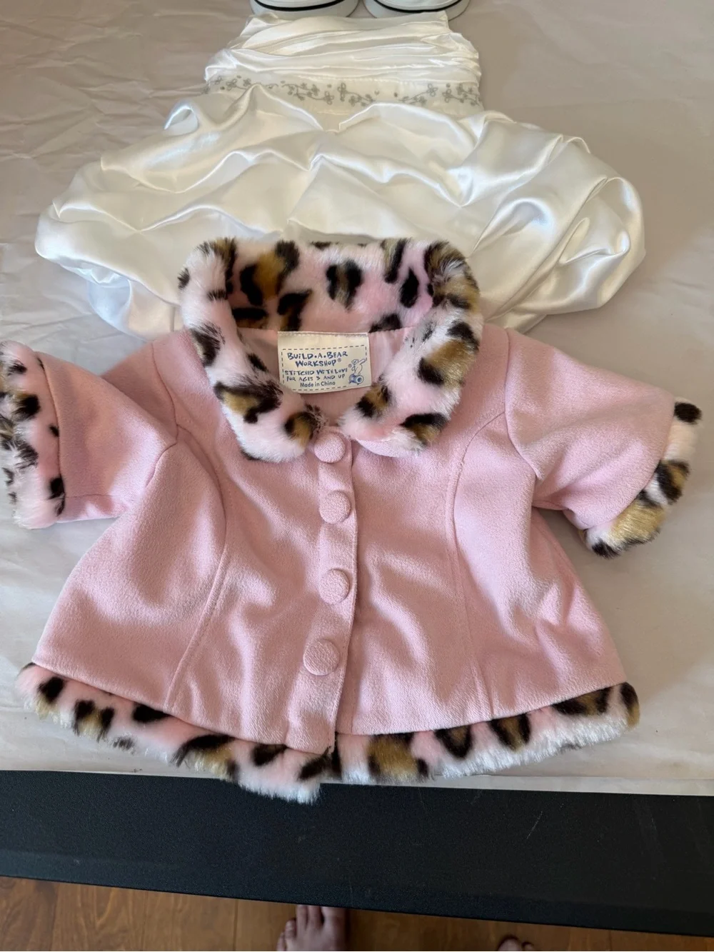 Build-A-Bear 4 piece lot Pink Faux Fur Trim Coat Wedding Dress Black Shoes-boots